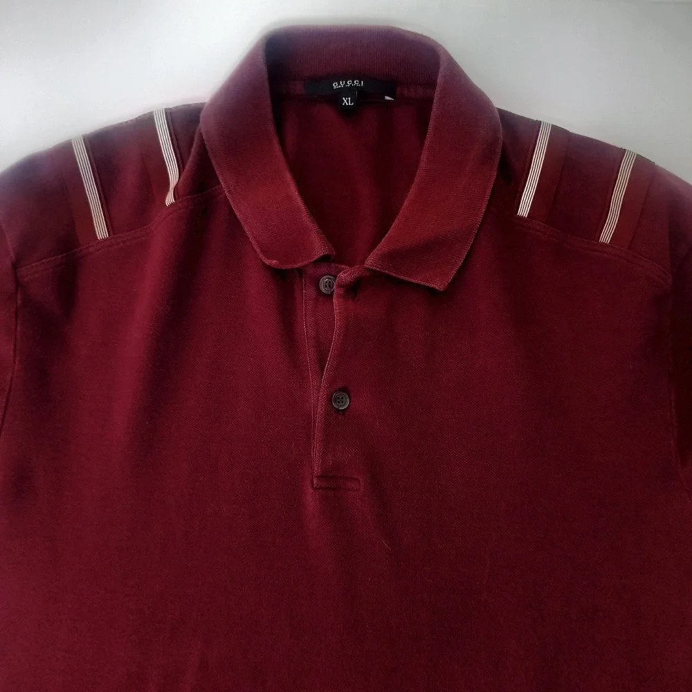 Gucci Mens Burgundy Pique Polo Shirt Shoulder Stripe Webbing Detail XL Italy
